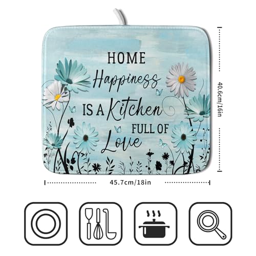 Blue Daisy Dish Drying Mat 16x18 Inch Love Kitchen Absorbent Microfiber Washable Fast Drying Pad Dishes Rack Mat for Kitchen Counter (home happiness blue / 16" x 18")