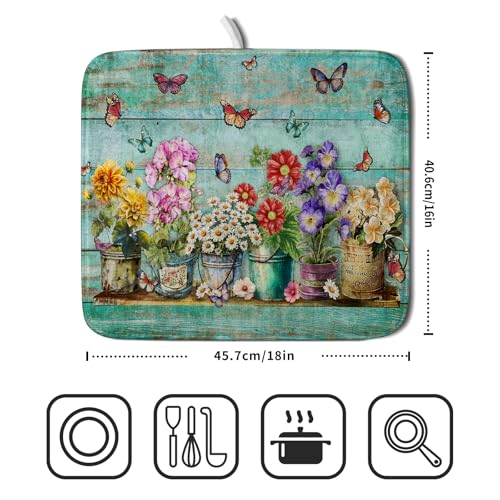 Vintage Flower Dish Drying Mat for Kitchen Counter 18 X16 in Teal (Green Flowers Jars / 18" x 16")