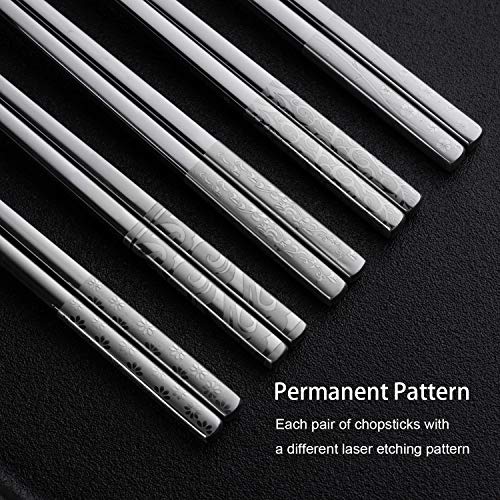 Metal Chopsticks Reusable 316 Stainless Steel Chopsticks Multipack Dishwasher Safe Chop Sticks Square Fancy Laser Engraved Non (Shiny silver 316 stainless steel)