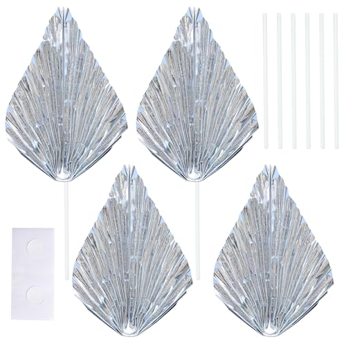 6Pcs Paper Palm Fan Cake Topper Palm Leaf Fan Cake Pick for DIY Bakeware Craft Project Home Made Wedding Bridal Shower Birthday Anniversary Party Cake Decorations Supplies Metallic Silver (6 Count)