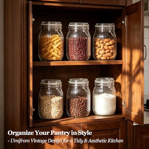 Ribbed Glass Pantry Jars with Airtight Lids 34 oz 3 Pack Coffee (34 fl oz x 3 - Ribbed)