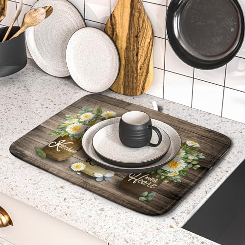 Flower Vase Dish Drying Mats 16x18 Inch Rustic Wood Reversible Microfiber Kitchen Countertop Protector Fast Dry Dish Drainer Rack Pad (flower vase wood / 16" x 18")
