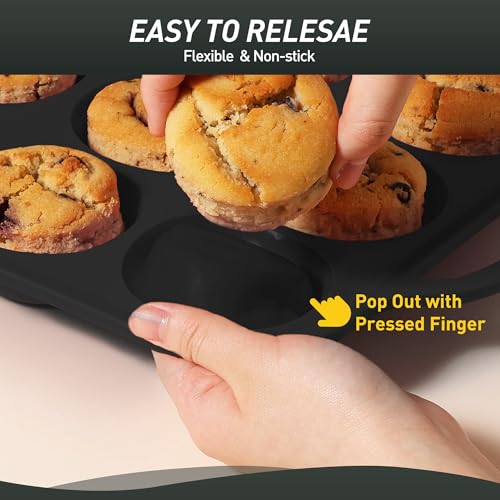 2 Packs 12 Cups Silicone Muffin Pan with Metal Reinforced Frame Regular Size Cupcake Tray Egg Mold Wedding Day Engaged Engagement Hostess Couple Newly Wed House Christmas Married Unique Gift (2pc: 12-Cup Regular / Black)