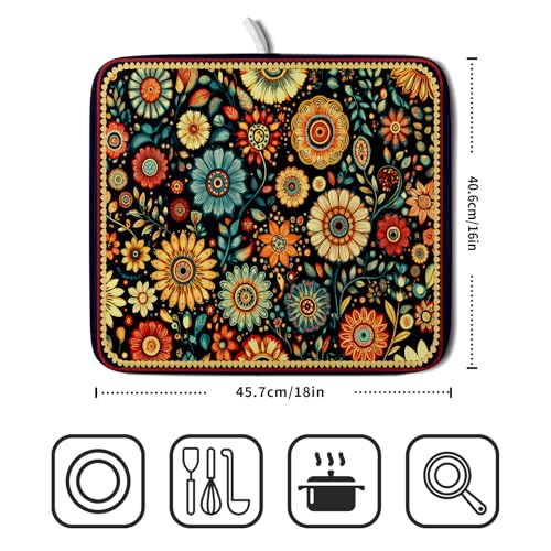 Bohemian Style Flowers Drying Pad Boho Floral Dish Drying Mat for Kitchen Counter Absorbent Microfiber Drainer Rack Mat (Boho Floral Black / 18" x 16")