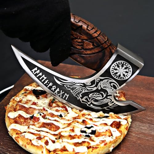 Pizza Cutter Axe Rocker Carbon Steel Slicer Chef Pizza Cutter Viking Axe with Leather Cover (Royal Skull)