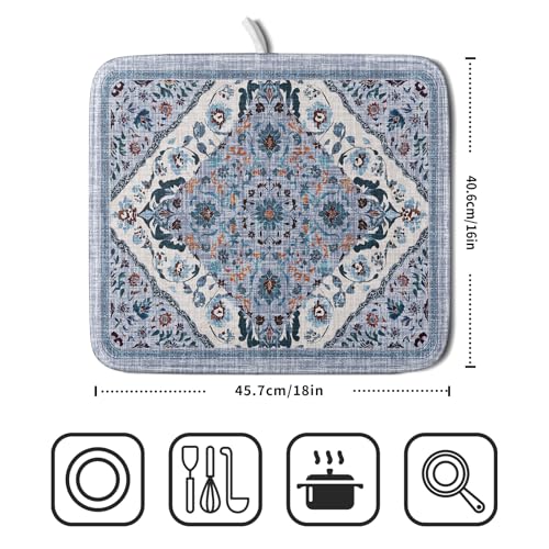 Boho Flower Dish Drying Mat Blue Bohemian Dishes Drainer Rack Mat 16x18 Inch Microfiber Kitchen Drying Pad for Countertop Tableware Decor (Blue Bohemian / 16" x 18")