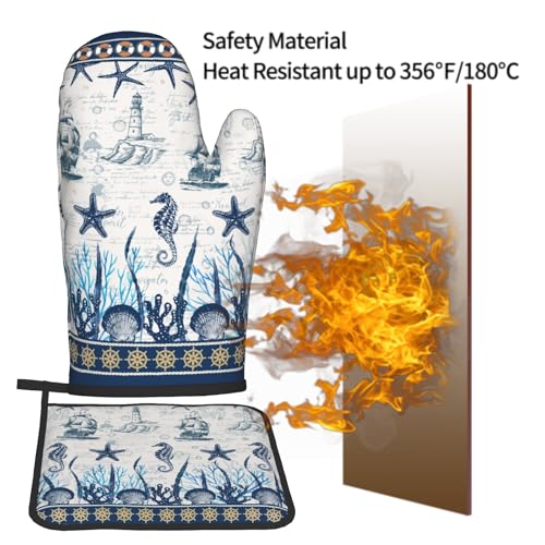 Nautical Sailboat Oven Mitts and Pot Holder Set of 2 Ocean Starfish Heat Resistant Oven Glove Washable Potholder for Kitchen Cooking Baking (Nautical Sailboat)