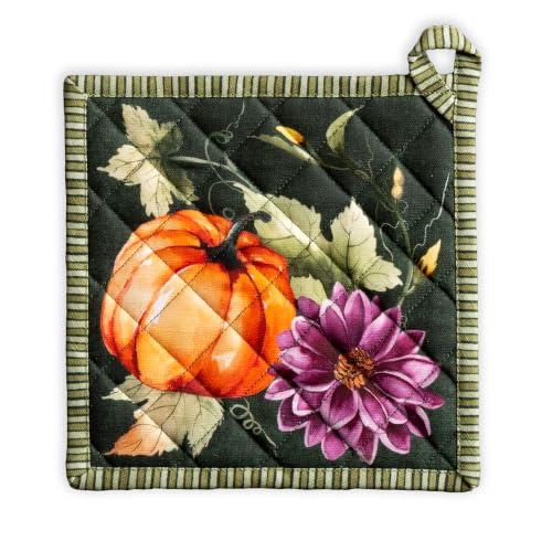 Pot Holders 100% Cotton Potholders (026 - Pumpkin Garden - Dark Green / 8" x 8" (Pot Holder Pack of 1))