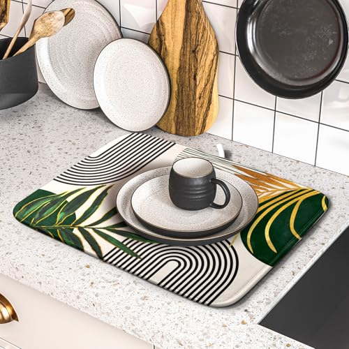 Boho Leaves Dish Drying Mat 16x18 inch Mid Century Absorbent Drainer Rack Mats Fast Dry Bottles Dish Dry Pad Protector Kitchen Accessories (Boho Leaves / 16" x 18")