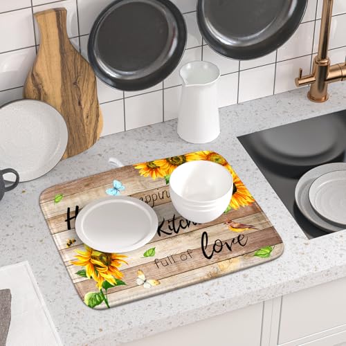 Sunflower Floral Dish Drying Mat for Kitchen Countertop 16x18 inch Rustic Wood Washable Microfiber Absorbent Dishes Drainer Rack Pad (Sunflower Wood Home / 16" x 18")
