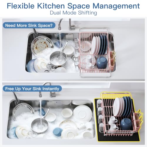 Pink Dish Drying Rack in Sink with Mat (Pink / For 12"-30"w Sink, with Mat)
