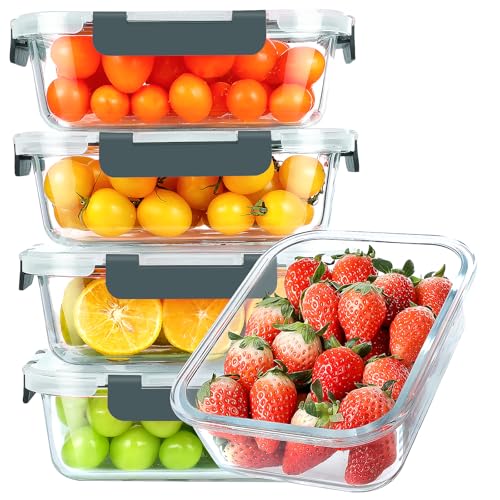 30 oz 5 Pack Glass Meal Prep Containers with Lids (Gray / 1-Compartment 30 oz)