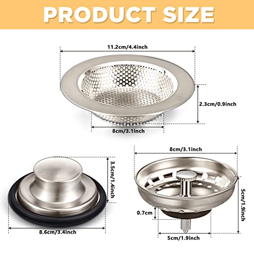 3 Pcs Kitchen Sink Drain Strainer and Stopper Stainless Steel Garbage Disposal Plug with Handle Universal Anti (Brushed Silver)