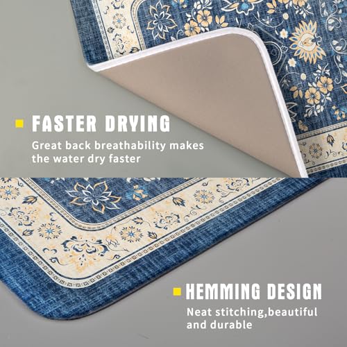 Blue Boho Dish Drying Mat for Kitchen Counter 16x18 Inch Fast Dry Drying Pad Vintage Floral Dish Drainer Rack Mats Coffee Bar Accessories (Blue Boho / 16" x 18")