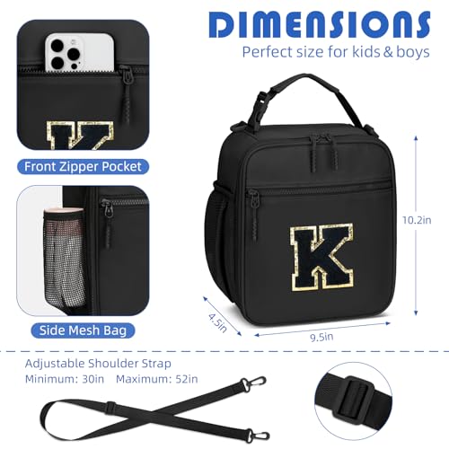 Lunch Box Kids Large Initial Insulated Lunch Bag for Girls (Black / K)