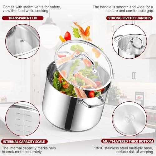 20-Quart 18/10 Stainless Steel Stock Pot with Lid, Large Heavy Duty Soup Pot Compatible with Electric, Gas, Induction and Gas Cooktops, Non-Toxic & Corrosion Resistant, Dishwasher Safe (20 Quarts)