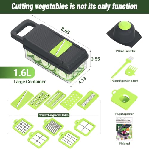 15-in-1 Vegetable Chopper 10 Blades, Veggie Cutter with Handle, Green/Grey (Green / 10 blades)