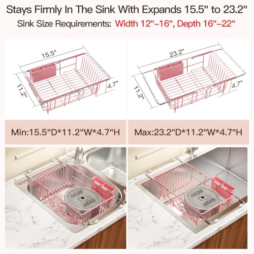 Pink Expandable Dish Drying Rack Over Sink with Extra Drainboard (Pink / For 11.5"-16" W Sink with Cup Holder & Drainboard)