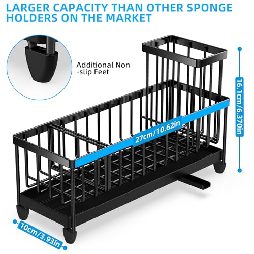 Extra Large Sponge Holder for Kitchen Sink Organizer Caddy (Black)