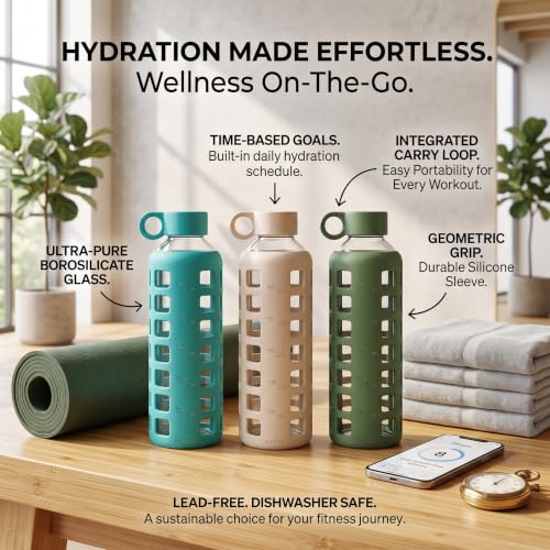 40oz / 32oz / 22oz / 12oz Borosilicate Glass Water Bottle with Time & Volume Markers, Silicone Sleeve, Stainless Steel Lid | Reusable Glass Bottle for Water & Juice (40oz Chinese Porcelain) (Chinese Porcelain (1 Count) / 40 Ounces)