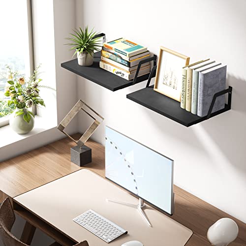 Floating Shelves Wall Mounted Set of 2 Rustic Wood Shelves with Large Capacity (Black)