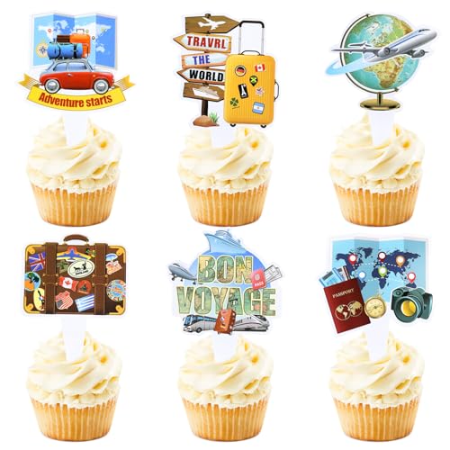 36PCS Double sided Adventure Travel Cupcake Toppers Airplane Globe Map Suitcase Bon Voyage Cupcake Picks for Adventure Travel Baby Shower Boys Girls Birthday Wedding Party Decoration (Travel)