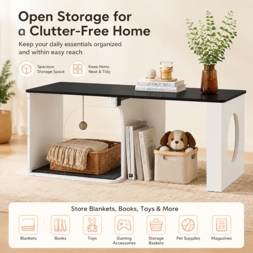 Coffee Table Cat House with Cat Scratcher Pad + Ball (Urban White / 47" with Shelf)