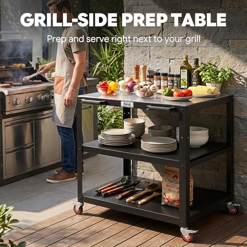 3 Shelf Pizza Oven Table with Lockable Wheels (Black)
