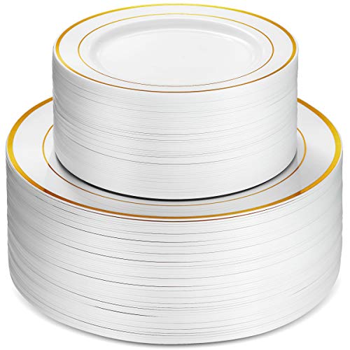 100 Piece Plastic Party Plates White Gold Rim (White / Gold Rim)