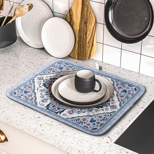 Boho Flower Dish Drying Mat Blue Bohemian Dishes Drainer Rack Mat 16x18 Inch Microfiber Kitchen Drying Pad for Countertop Tableware Decor (Blue Bohemian / 16" x 18")