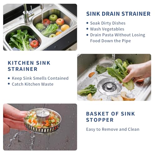 3-in-1 Kitchen Sink Drain Strainer & Sink Stopper 2 Pack - 304 Stainless Steel Sink Drain Strainer, Pop-Up Anti-Clog Design, Fits Standard 3-1/2'' Sink Drains (Sus304 Brushed 2pack)