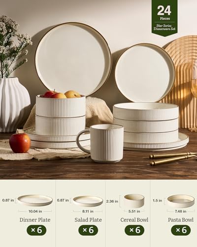 Stoneware Dinnerware Sets with Pasta Bowls (Cream / Service for 6 - Double Bowls)