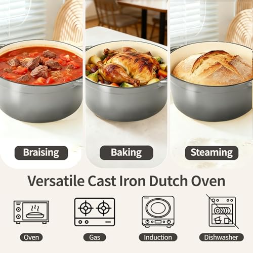 Enameled Cast Iron Dutch Oven pot 6.5 QT with Lid for Bread Baking (Gray)
