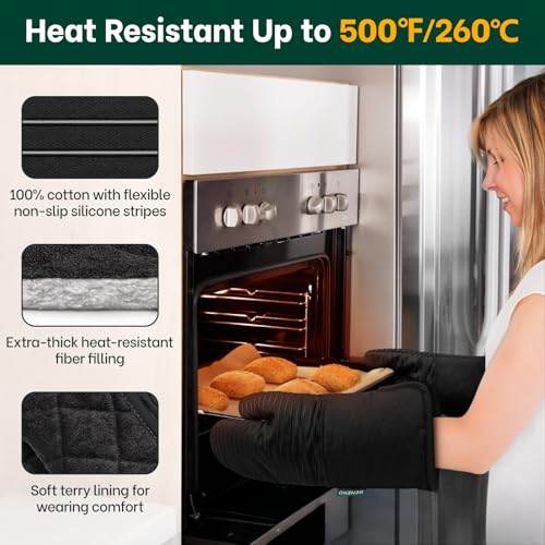 Heat Resistant 500°F Kitchen Oven Mitts 2 (Black)
