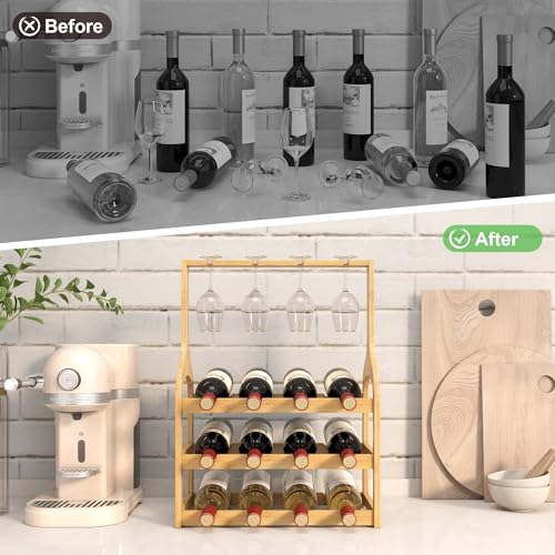 Bamboo Wine Rack Countertop (Natural 3-tier With Glass Holder)