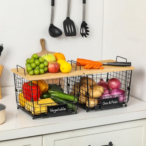 2 Set Large Stackable Wire Basket with Bamboo Tops & Tag (L)