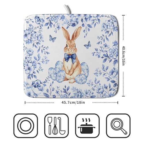 Vintage Microfiber Dish Drying Mat Blue Easter Floral Kitchen Drying Mats for Dishes 18 X 16 (Vintage Easter Blue / 18" x 16")