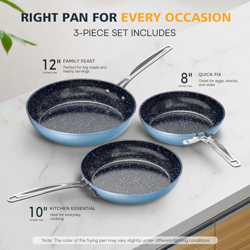 3-Piece 8”, 10”, 12” Forged Lightweight Frying Pan Set (3pc Fry Pan Set / Cozy Blue)