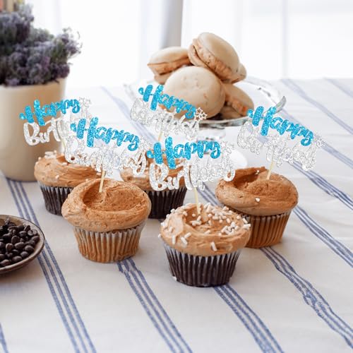 24Pcs Happy Birthday Cupcake Toppers Double Layer Glitter Happy Birthday Cake Decorations for Winter Wonderland Baby Shower Theme Anniversary Party Decorations Supplies Blue Silver (Style 1 / Blue Silver)