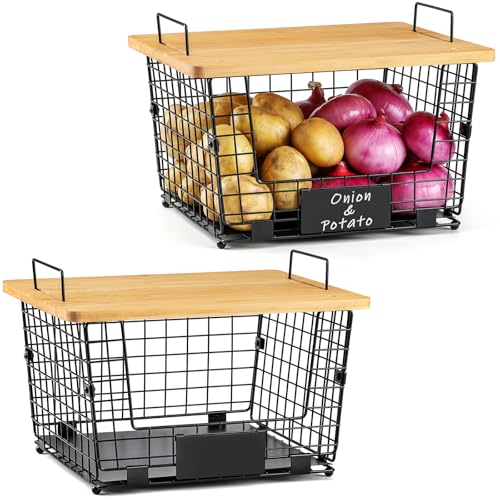 2 Set XXL Stackable Wire Basket with Bamboo Tops & Tag (XXL)