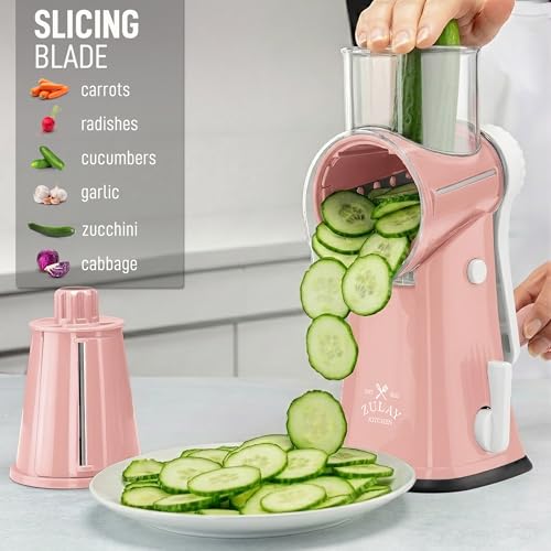 Rotary Cheese Grater Manual Hand Crank 5 Blade Shredder (5 Blades / Peach & White)