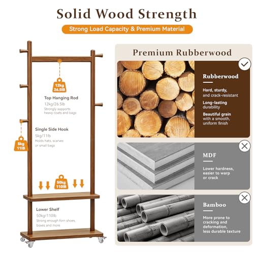 Coat Rack Freestanding Solid Wood Clothes Rack with Wheels