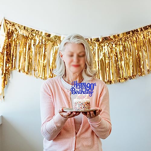 1 PCS Happy 90th Birthday Cake Topper Glitter Cheers to 90 Years Birthday Cake Pick Ninety 90 Fabulous Cake Decoration for Happy 90th Birthday Theme Party Decorations Supplies Blue (Blue / 90th)