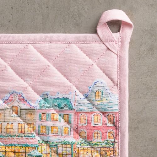 Pot Holders 100% Cotton Potholders (124 - Christmas Market - Pink / 8" x 8" (Pot Holder Pack of 2))