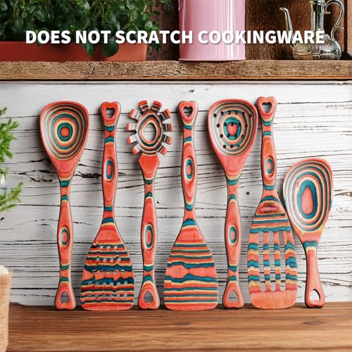 Pakkawood 7 Piece Wooden Cooking Utensils (Pinkish-Orange)