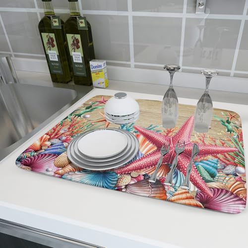 Dish Drying Mat for Kitchen Counter (Beach Starfish 0317 / 24" x 18")