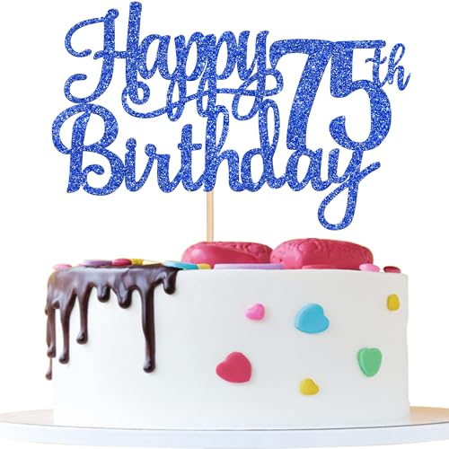 1 PCS Happy 75th Birthday Cake Topper Glitter Cheers to 75 Years Birthday Cake Pick Seventy Five 75 Fabulous Cake Decoration for Happy 75th Birthday Theme Party Decorations Supplies Blue (Blue / 75th)