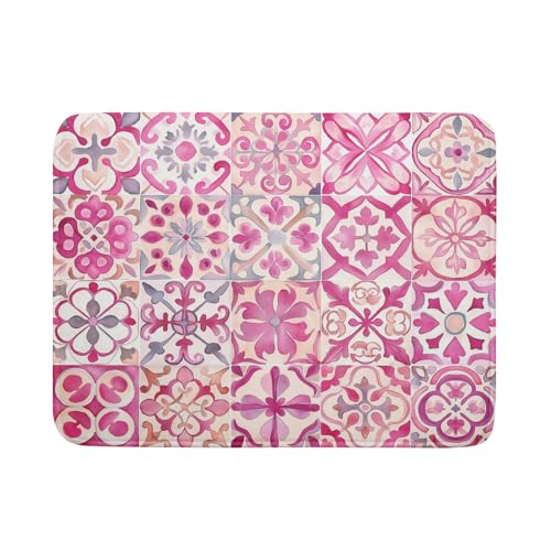 Pink Mexican Tiles Dish Drying Mat Absorbent Microfiber Dish Drying Pad for Kitchen Multi (Mexican Tiles Pink / 24" x 18")