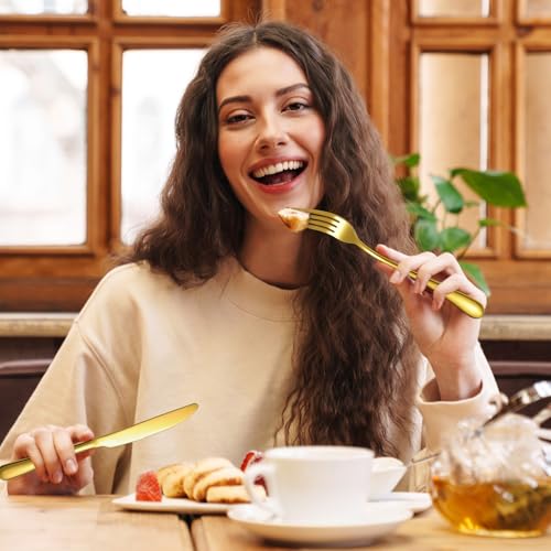 50 Pieces Stainless Steel Forks Silverware Set Dinner Forks and Knives Flatware Tableware Cutlery Set for Kitchen Restaurant (8.07 x 0.94 Inch, 9.06 x 0.79 Inch / Gold)
