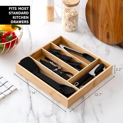 Bamboo Kitchen Utensil Set with Drawer Organizer (Black / 18 Piece Gadget Set)